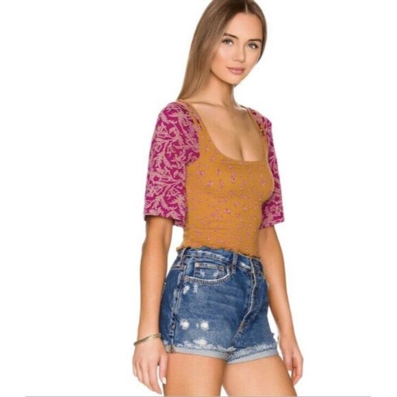 Free People Marigold Smocked Crop Top Golden Combo NWT XS - Picture 2 of 11